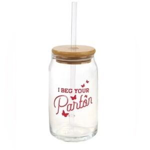 Dolly Parton 'I Beg Your Parton’ Glass Cup with Straw and Bamboo lid